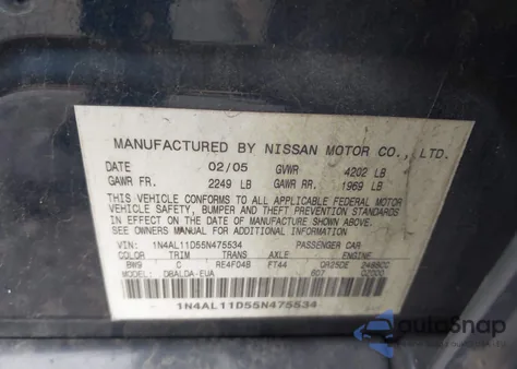 2005 Nissan Altima S/Sl z USA, uszkodzony, nr VIN 1N4AL11D55N475534